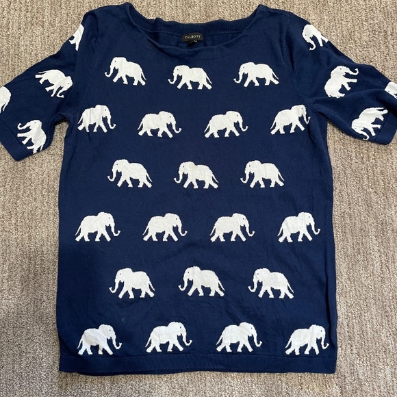 Talbots Navy Blue Short Sleeve Sweater – White Elephant Print – Size M - Picture 7 of 11